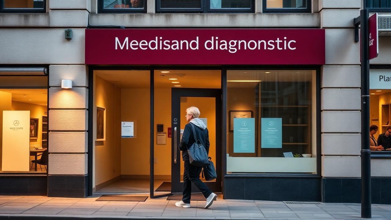 Pacjent wchodzący do prywatnego centrum diagnostycznego