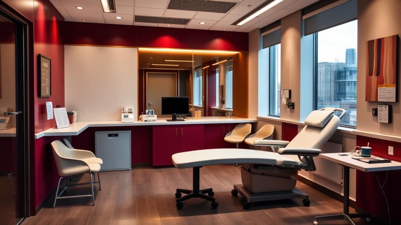 Gabinet pobrań Health Factory w Glasgow z fotelem zabiegowym