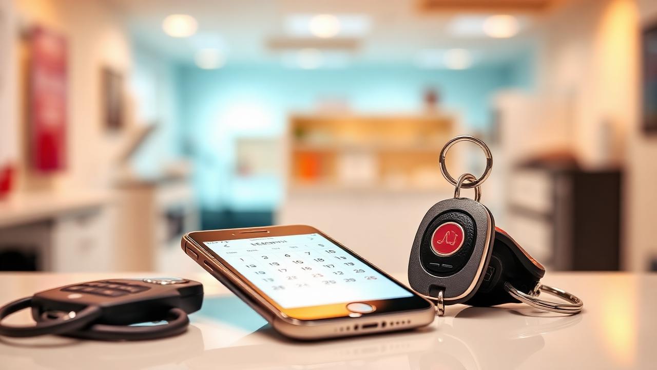 Kluczyki i telefon z kalendarzem rezerwacji na ladzie kliniki