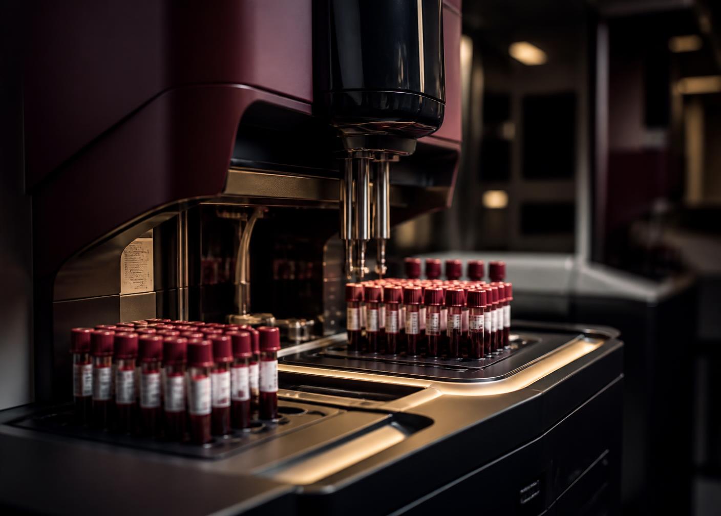 Analizator laboratoryjny z rackami probówek z krwią